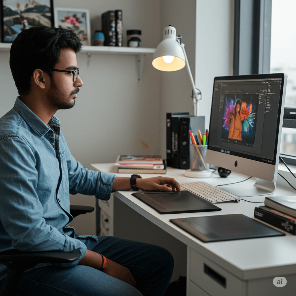 a graphic designer working on laptop