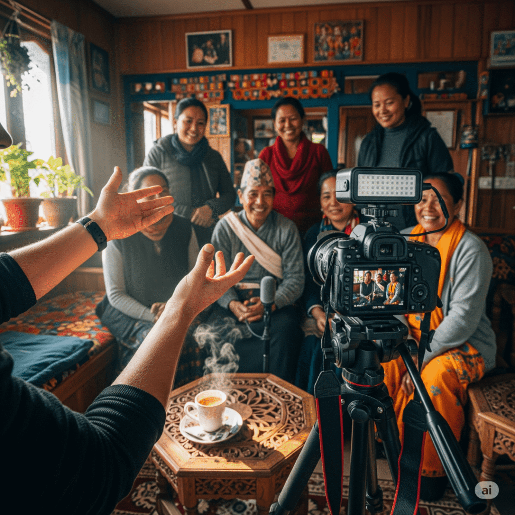 A travel vlogger is recording a video at a cozy homestay. A camera and tripod setup are visible. The vlogger, whose face is not shown, is talking with locals, creating an authentic and friendly vibe.