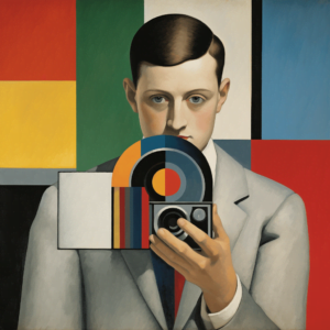 An artwork of a graphic designing student holding a camera.