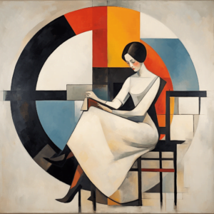 a painting that features a graphic designing student sitting on a chair