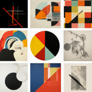 A collage of nine different pieces of abstract and modern art.