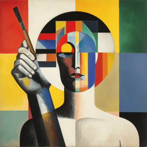 a painting of a figure holding a paintbrush against a colorful, geometric background.