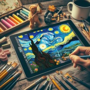 This image depicts a scene where someone is drawing or editing Vincent van Gogh’s “The Starry Night” on a digital tablet.