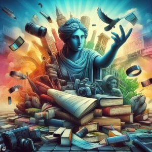 An artwork that depicts a person surrounded by an array of books, cameras, and iconic buildings.