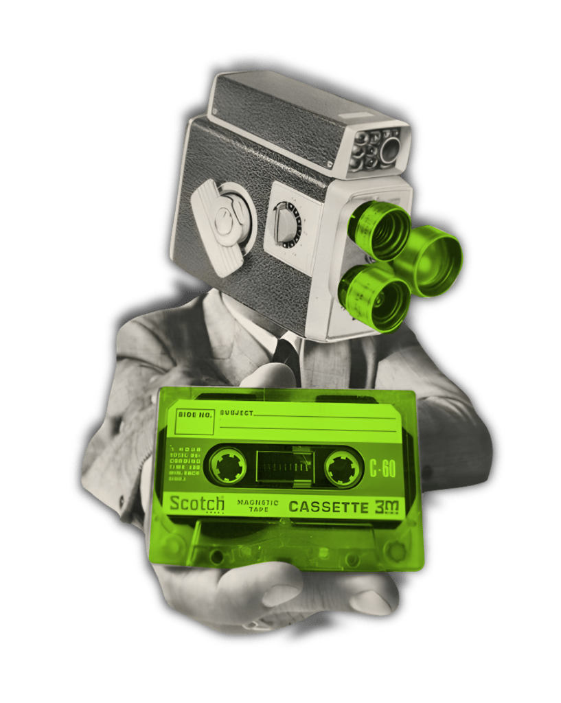 This image features a video-editor with a vintage camera for a head, holding a green cassette tape.