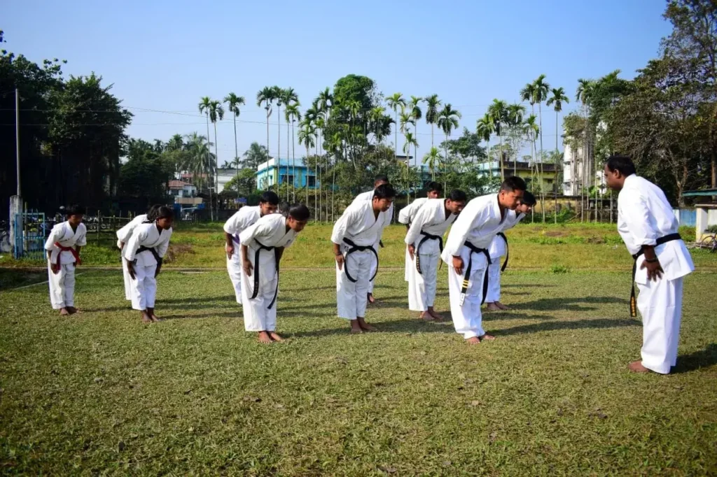 students learning karate