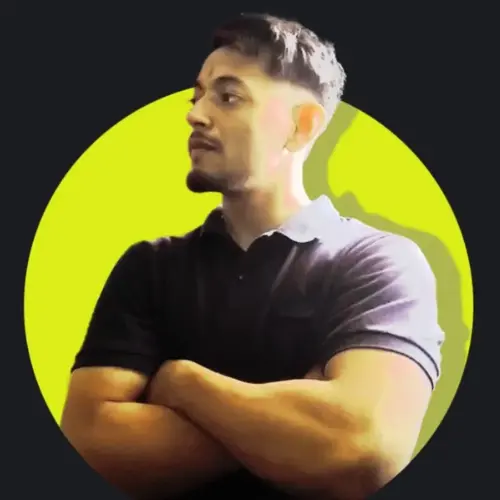 A stylized portrait of a muscular young man in profile, wearing a black polo shirt with his arms crossed, set against a bright yellow circular background.