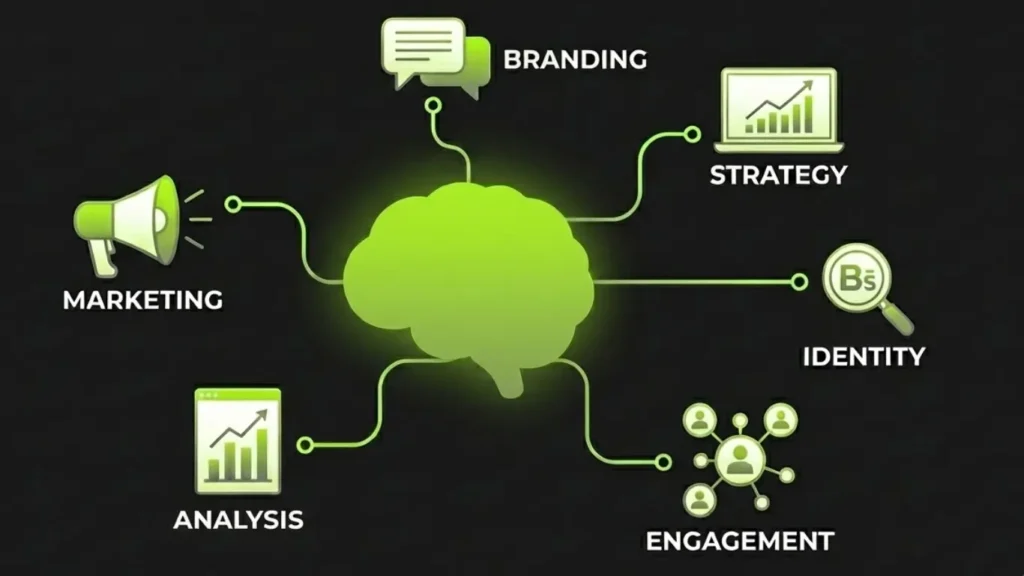 Braand School blog banner featuring a stylized digital brain illustration and the text "Branding & Marketing Strategy" in neon green and white on a black background.