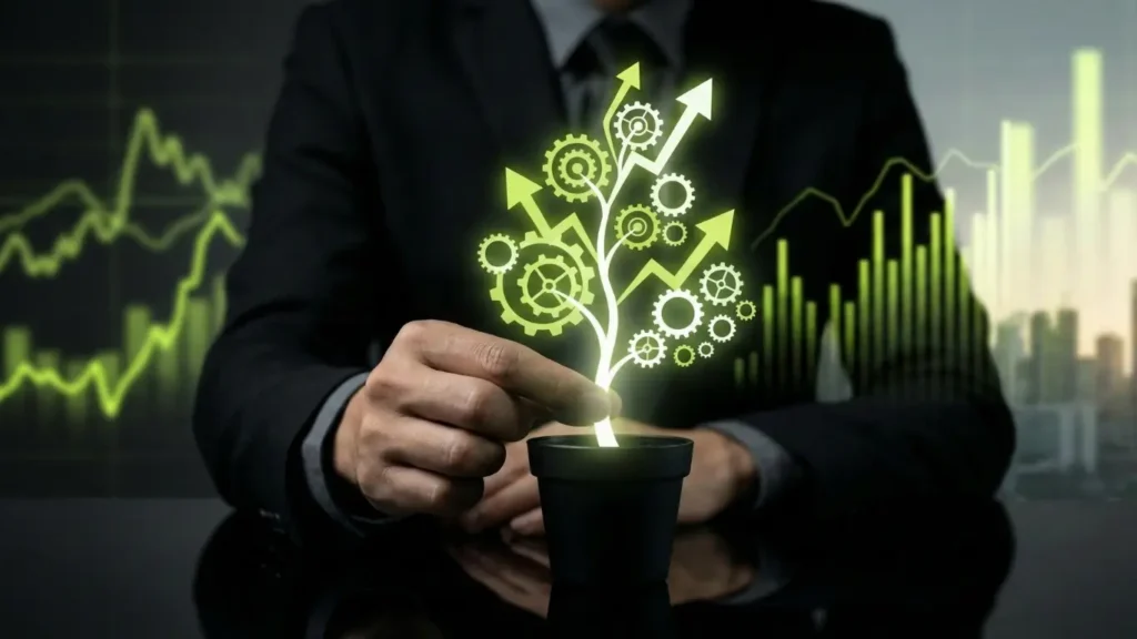 Abstract 3D illustration of a rising neon green arrow and financial graph bars against a black background, representing business growth and success.