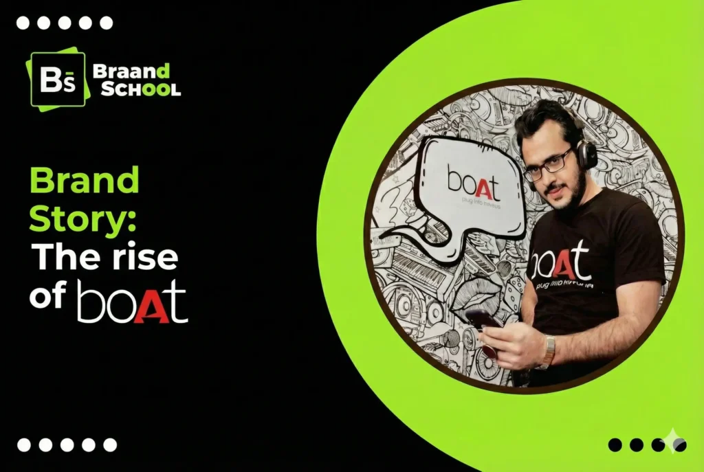 Featured blog banner titled "The Rise of boAt: Brand Story and the Vision of Aman Gupta," showing Aman Gupta wearing headphones next to the boAt logo on a black and neon green background.