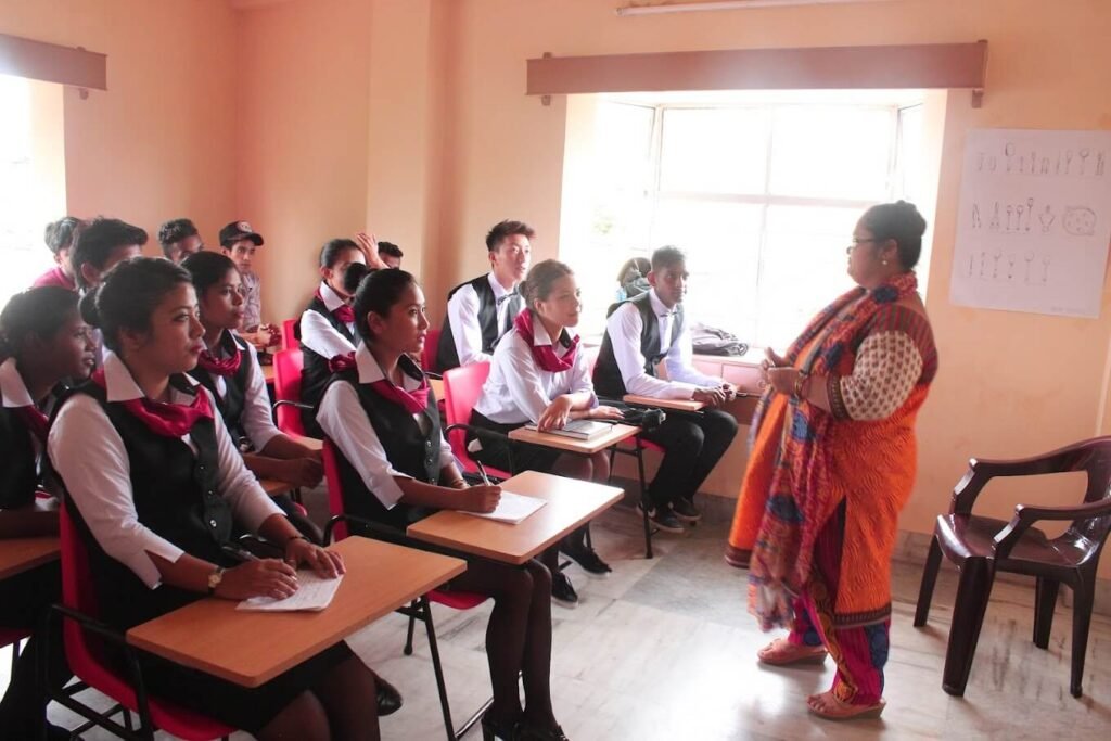 a profession teaching a group of students in classroom