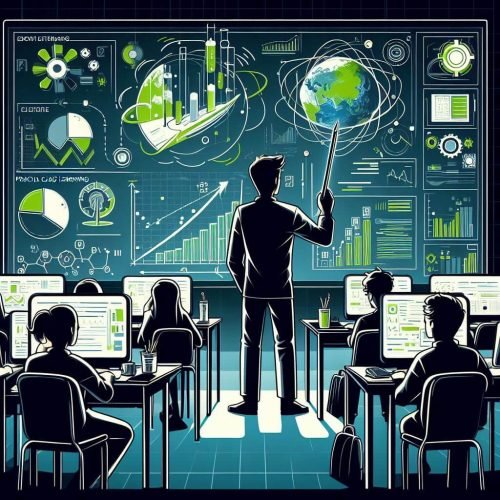 illustration of Braand school's classroom setting where a teacher is instructing students with the aid of an interactive and futuristic digital blackboard.